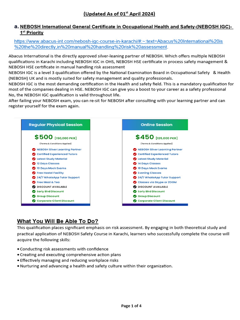 NEBOSH IGC Course Fees in Pakistan | PDF | Occupational Safety And Health