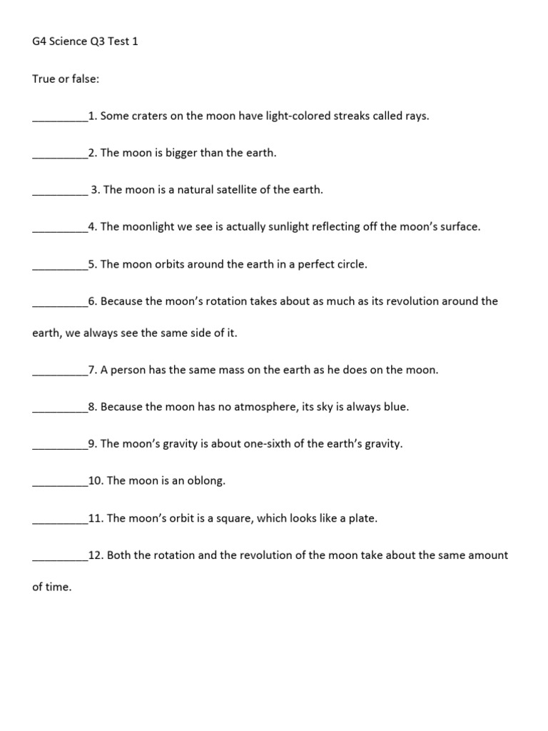 BJU G4 Science Q3 Test 1 | PDF | Moon | Earth