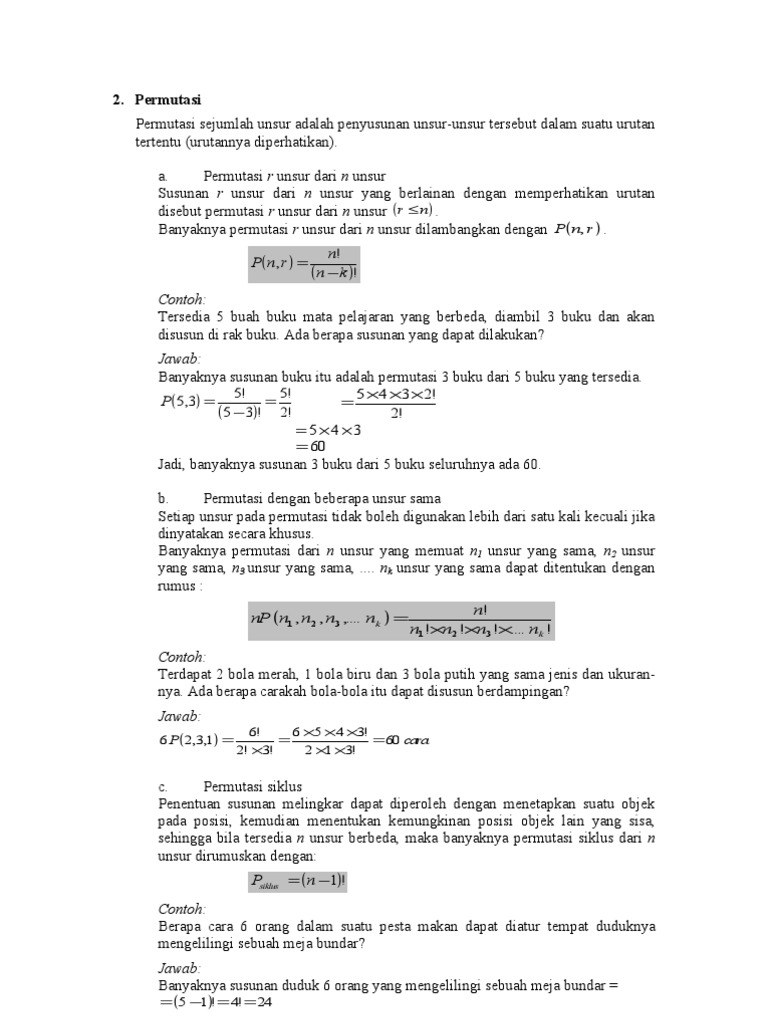 2 Permutasi Permutasi Sejumlah Unsur Adalah Penyusunan Unsur Unsur Tersebut Dalam Suatu Urutan Tertentu