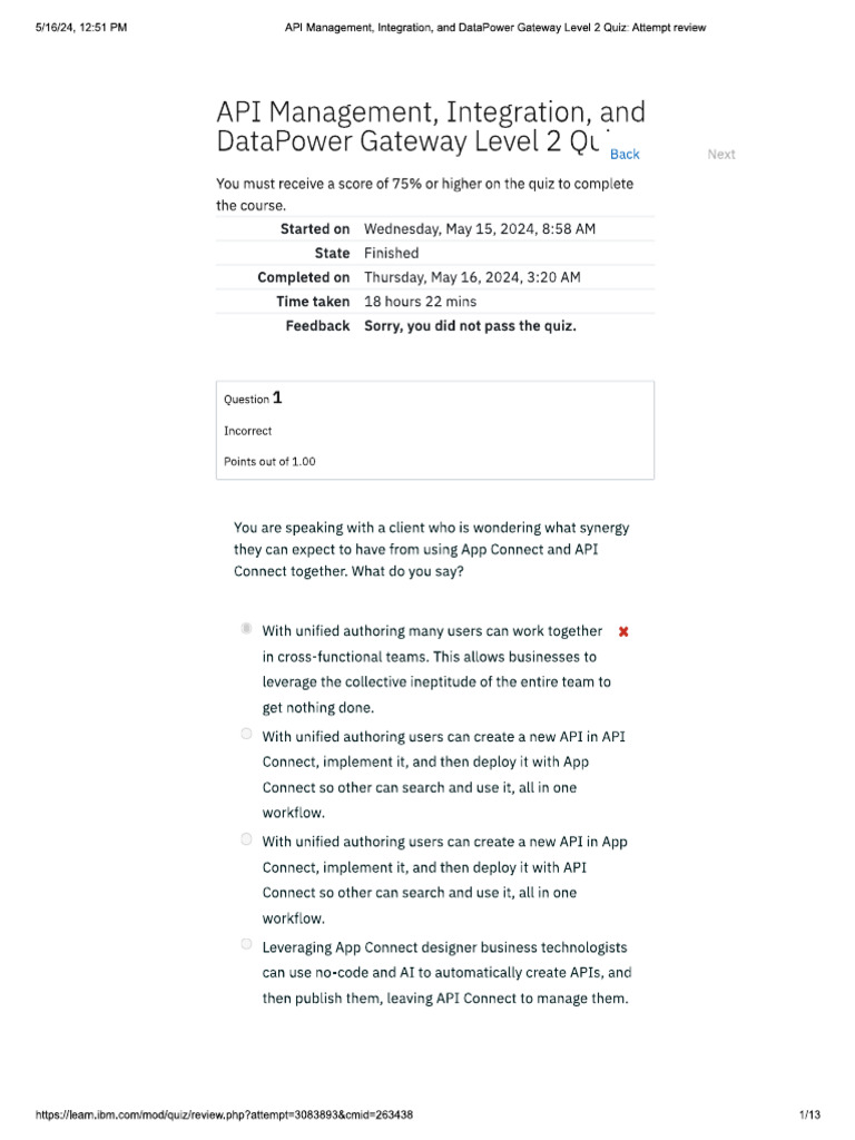 API Management, Integration, and DataPower Gateway Level 2 Quiz | PDF