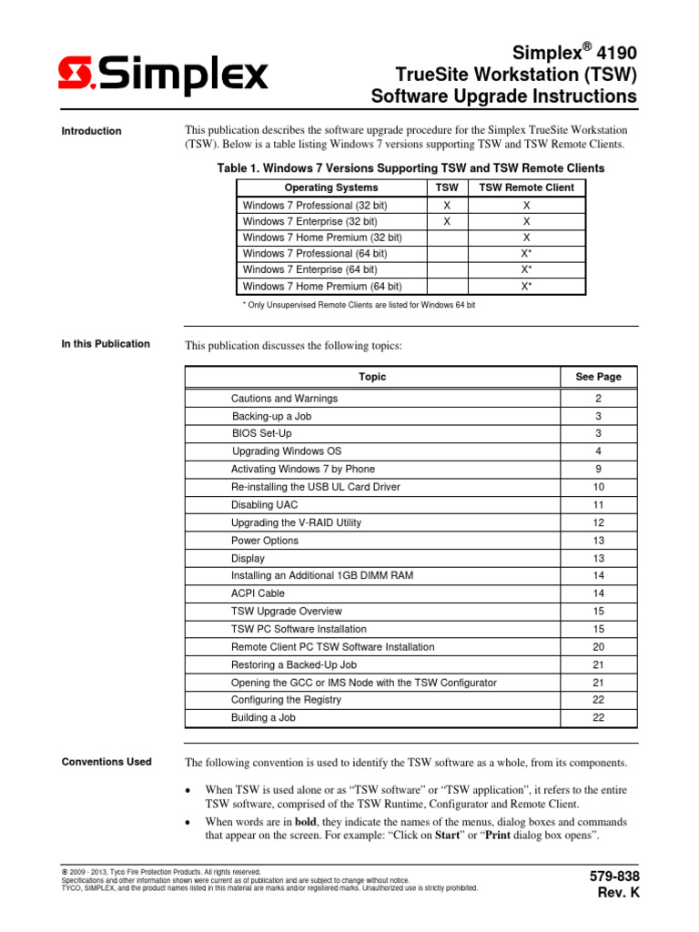 Simplex 4190 Truesite Workstation (TSW) Software Upgrade Instructions ...