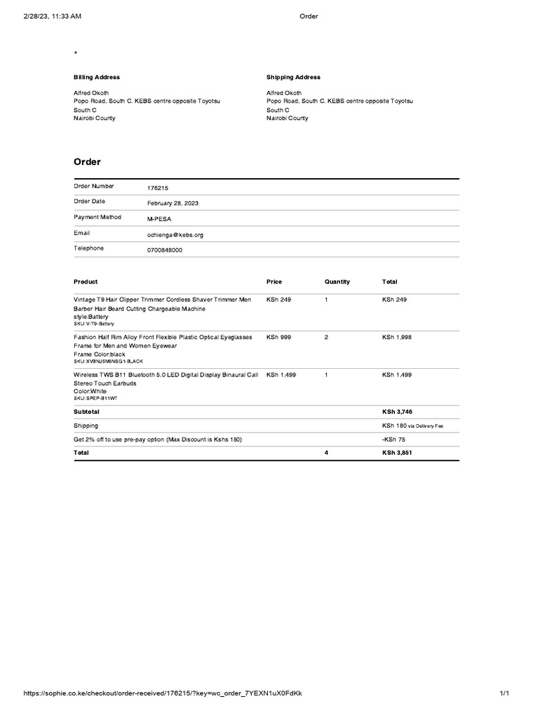 Order Summary for Alfred Okoth | PDF