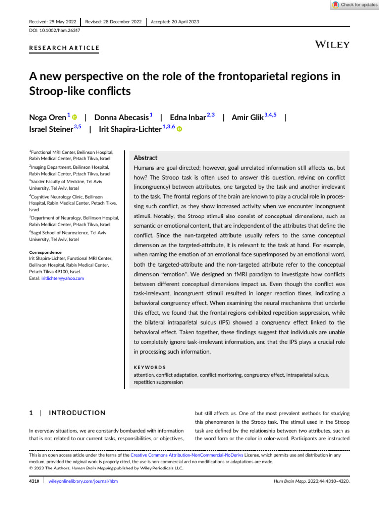 Frontoparietal Role in Stroop Conflicts | PDF | Functional Magnetic ...