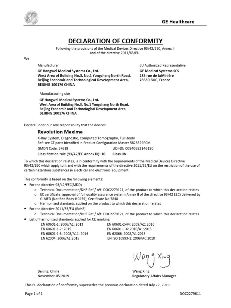 EC DoC DOC2279611 Revolution Maxima | PDF | Medical Device | Regulation