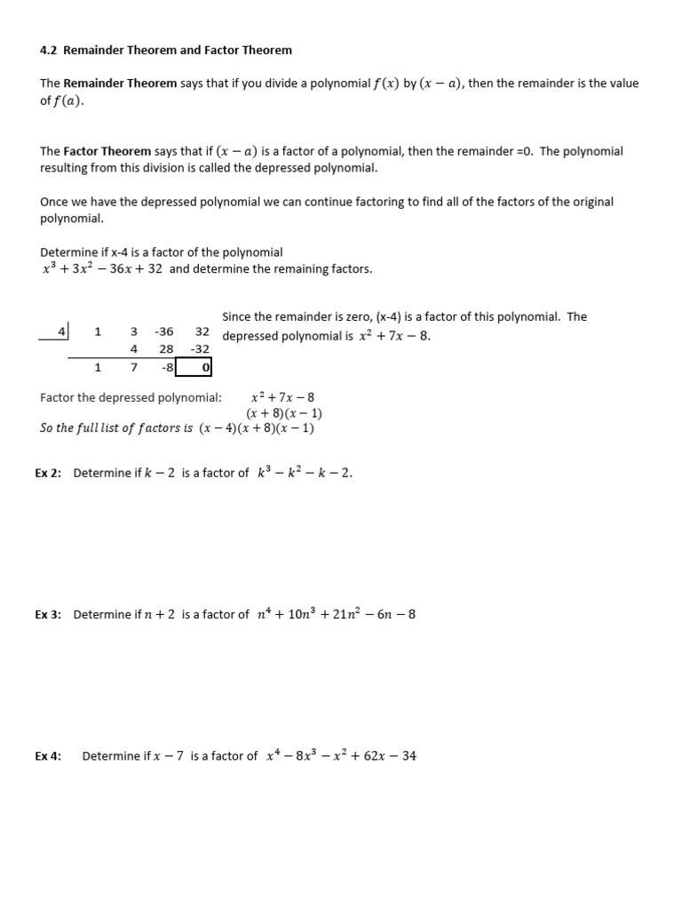 4.2 Remainder and Factor Theorem | PDF | Teaching Methods & Materials
