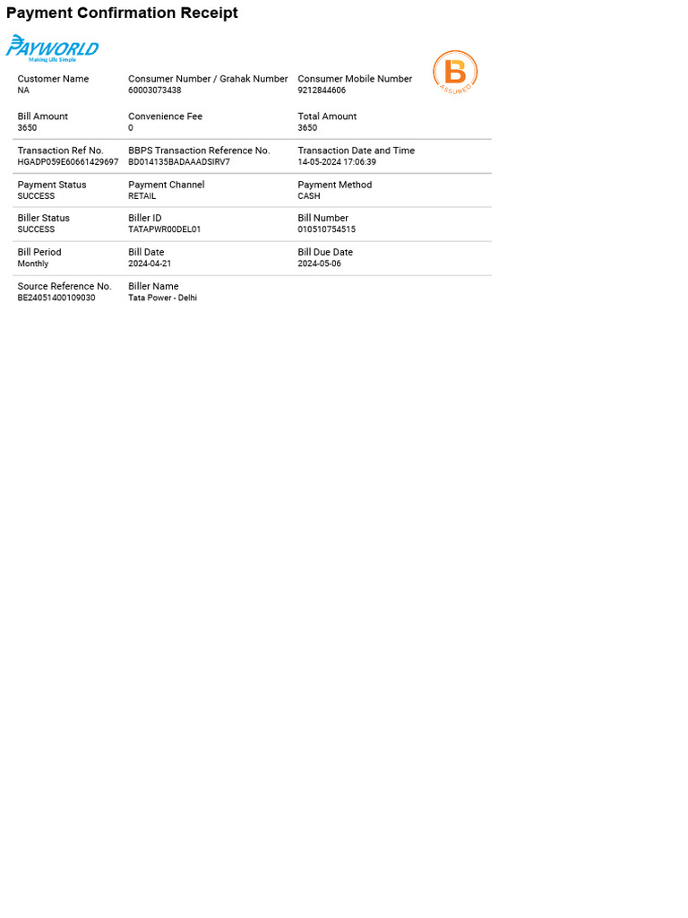 Tata Power Payment Confirmation Receipt | PDF