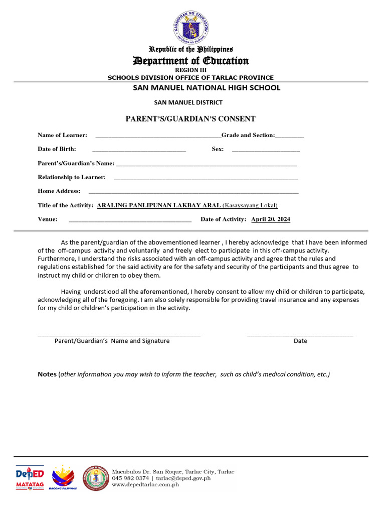 Parent Consent for School Activity | PDF | Wellness