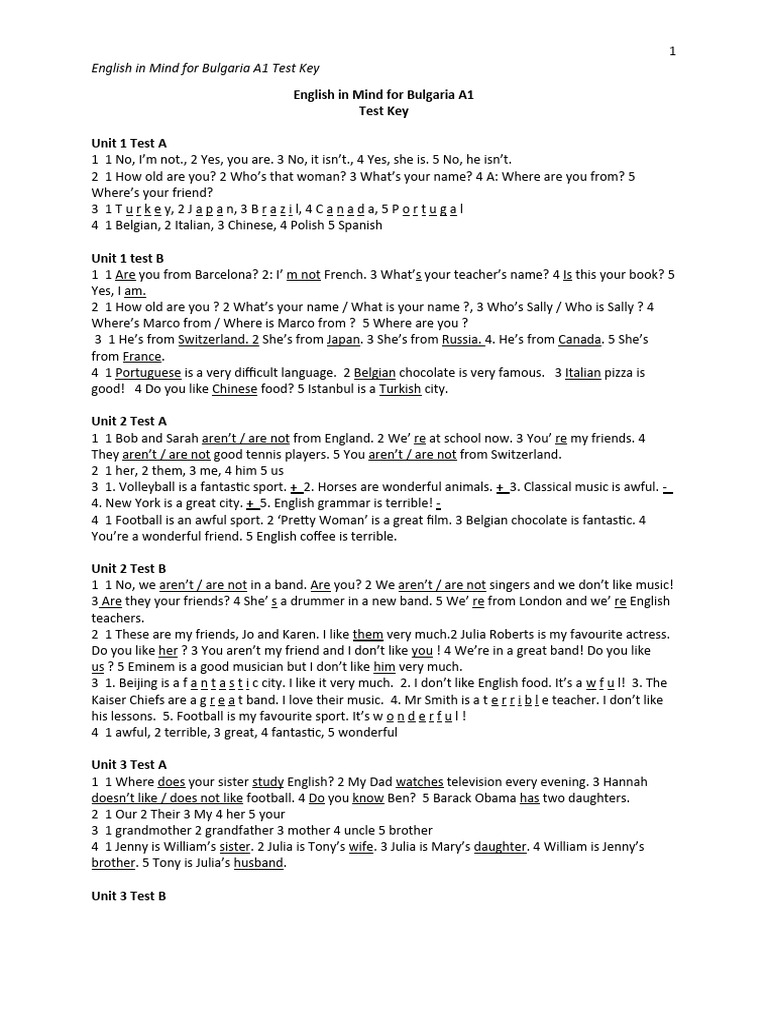 A1 Test Key for English in Mind | PDF