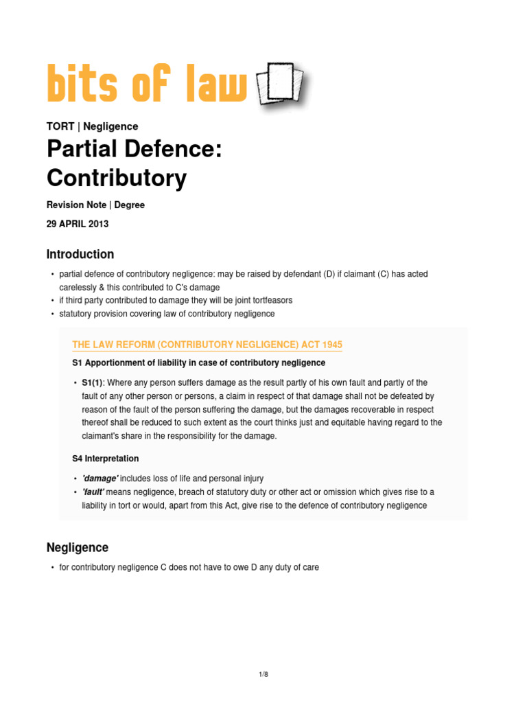 Understanding Partial Defence in Negligence | PDF | Negligence | Tort