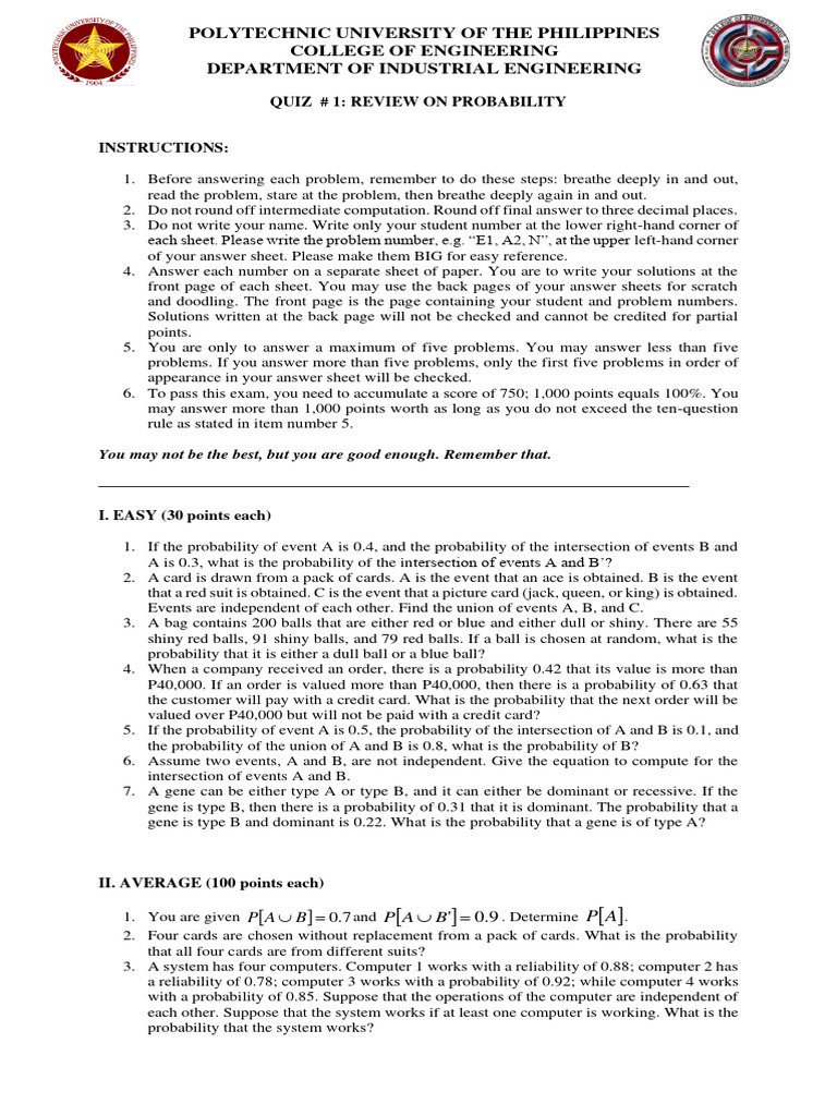 QUIZ - 1 - Review On Probabaility (2-1 and 2-5N) | PDF | Probability ...