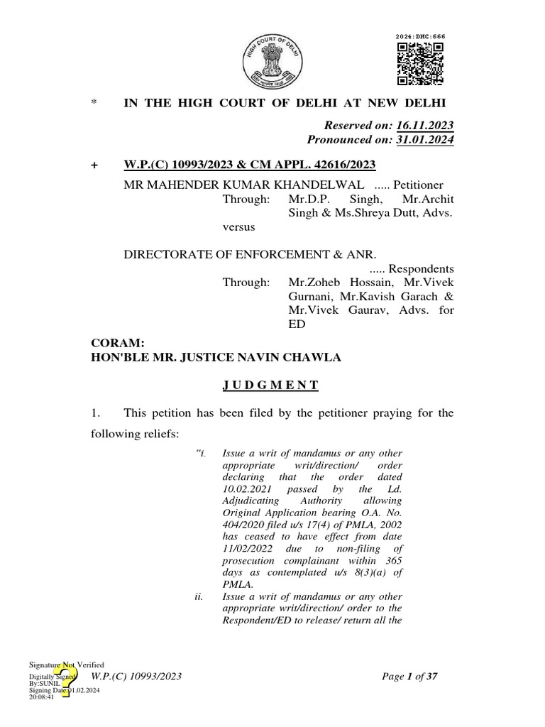 Delhi High Court Ruling on PMLA Seizure | PDF | Complaint | Criminal Law