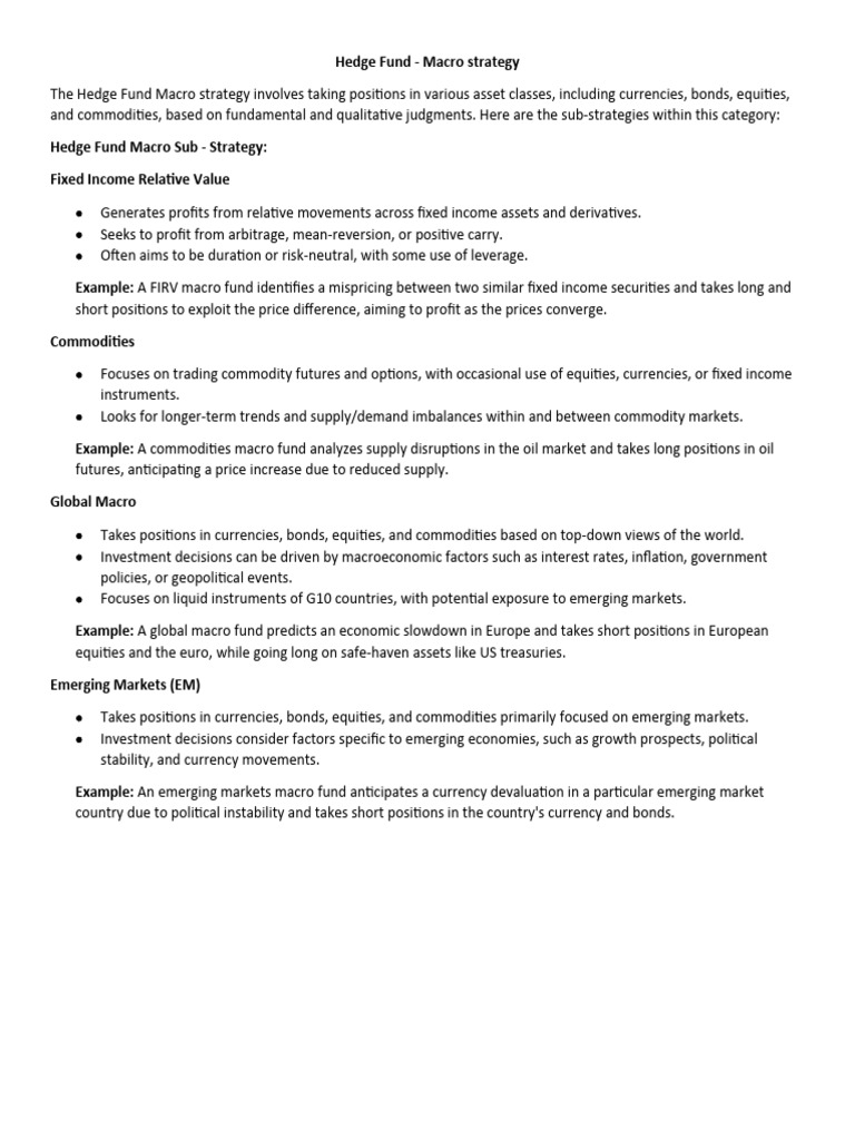 Overview of Macro Hedge Fund Strategies | PDF | Macroeconomics | Hedge Fund