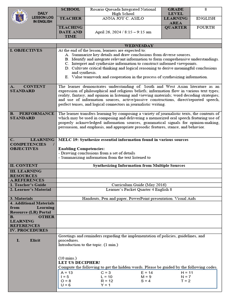 Demo Teaching Lesson Plan Grade 8 Fourth Quarter Pdf