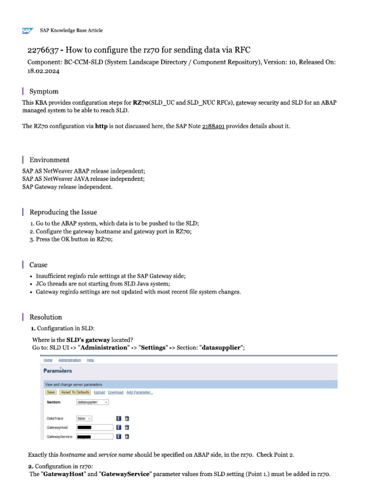 SAP Note-2276637-How To Configure The rz70 For Sending Data Via RFC | PDF