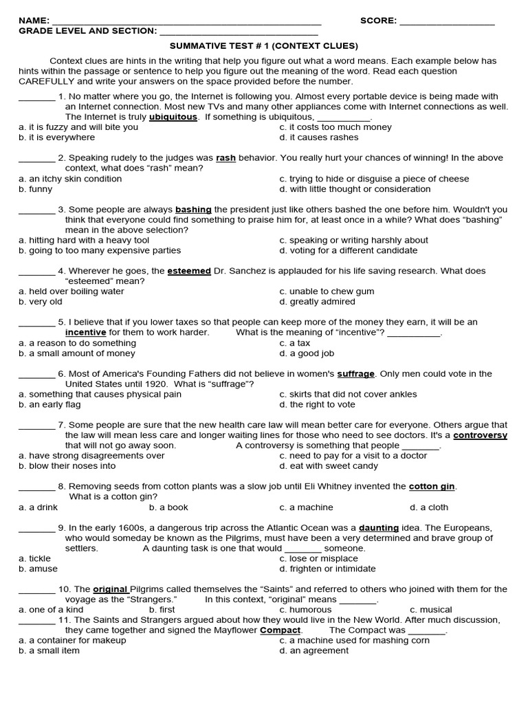 Context Clues and Writing Conventions Test | PDF