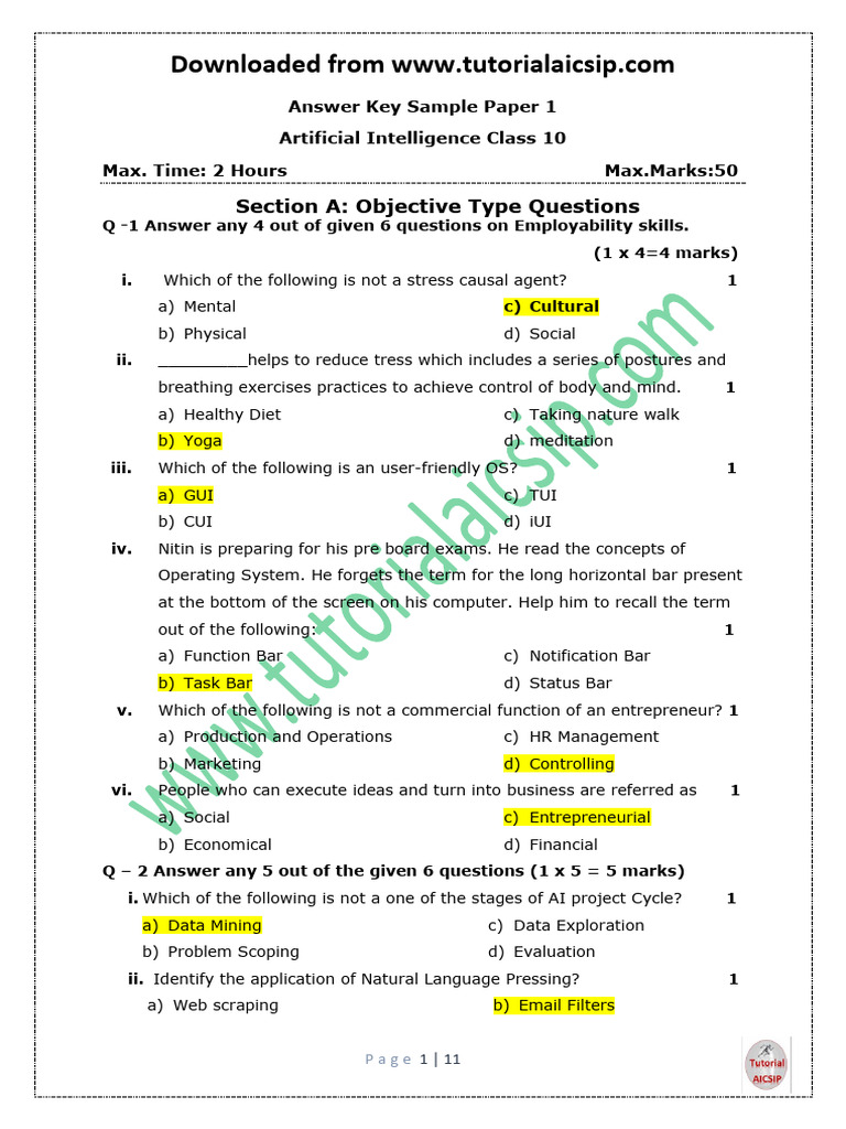 Sample paper 1 ai class 10 answer key download free pdf accuracy