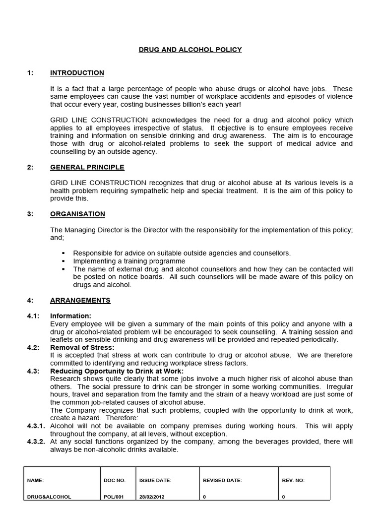 001 Drug And Alcohol Policy Pdf Substance Abuse