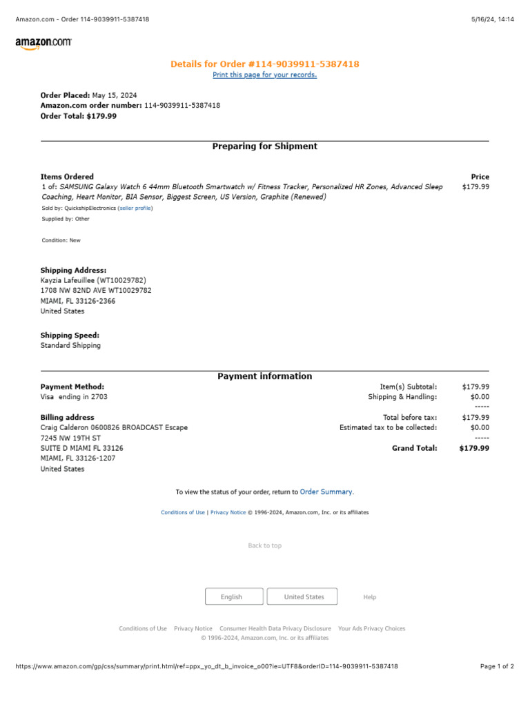 Amazon Order Summary for Galaxy Watch | PDF | Smartwatch
