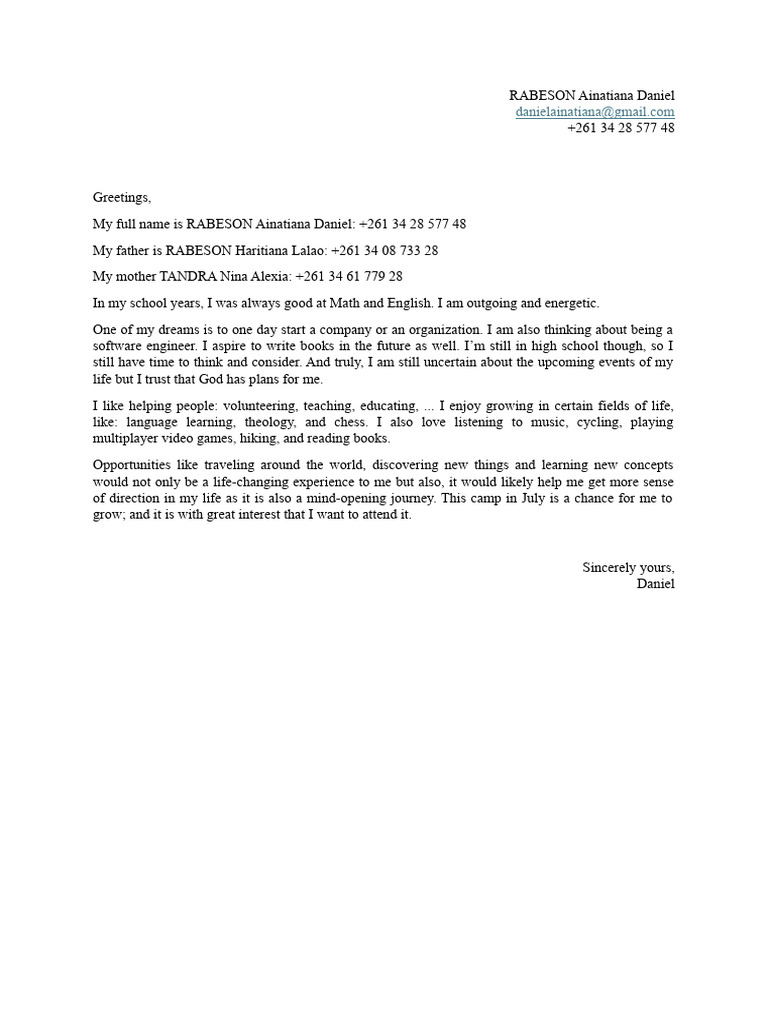 Personal Aspirations of Ainatiana Daniel | PDF