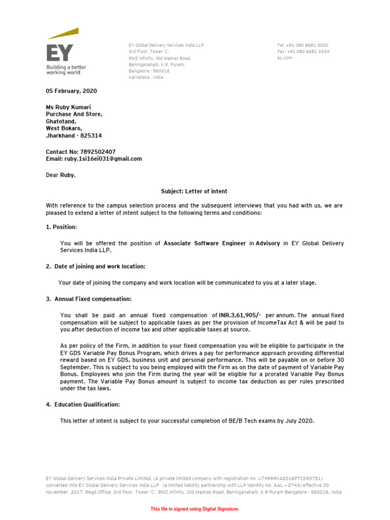 EY India LLP Job Offer Details | PDF | Limited Liability Partnership ...