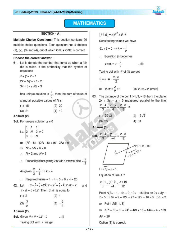JEE Main 2023 Mathematics Exam Solutions | PDF | Elementary Mathematics ...
