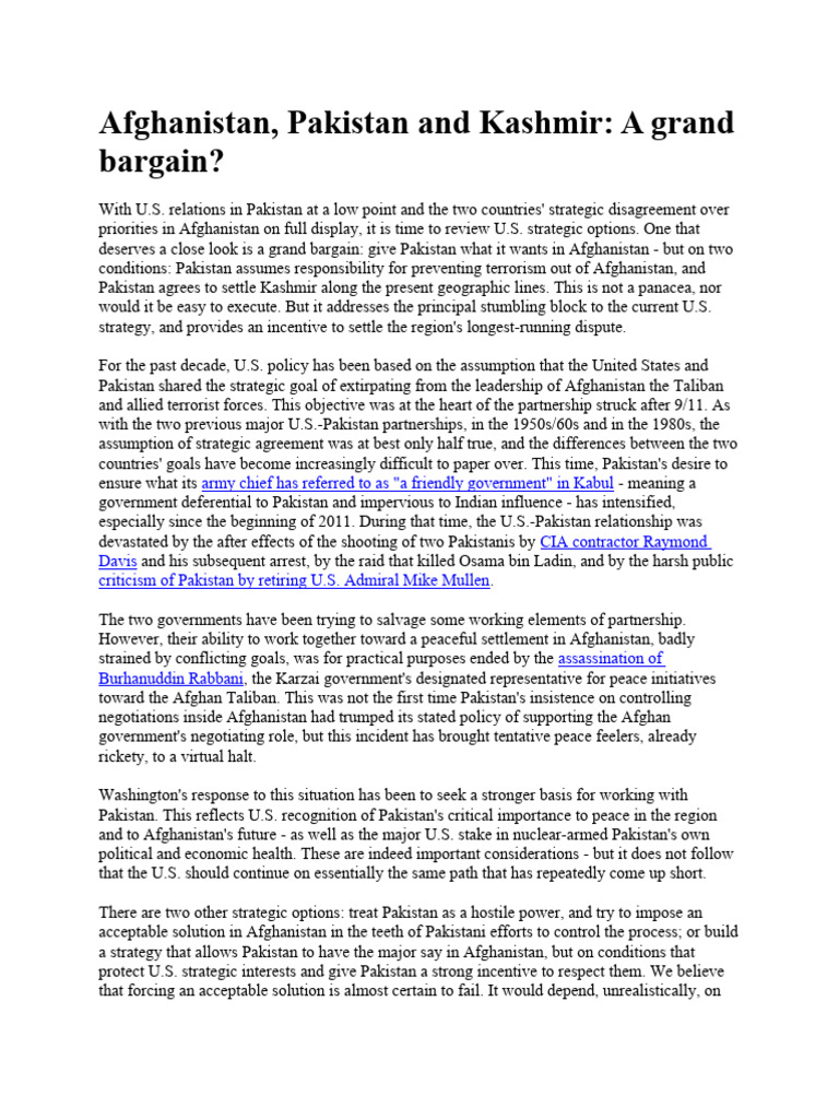 U.S.-Pakistan Grand Bargain Proposal | PDF | Pakistan | Afghanistan