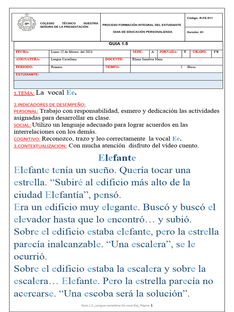 Guía: La vocal Ee en Lengua Castellana | PDF | Crecimiento personal y ...