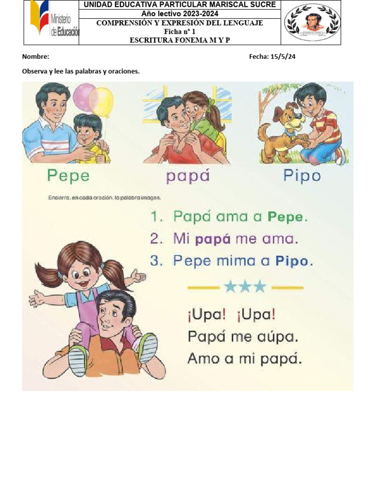 Ficha de Lectura Fonema M y P | PDF | Artes del Lenguaje y Comunicación
