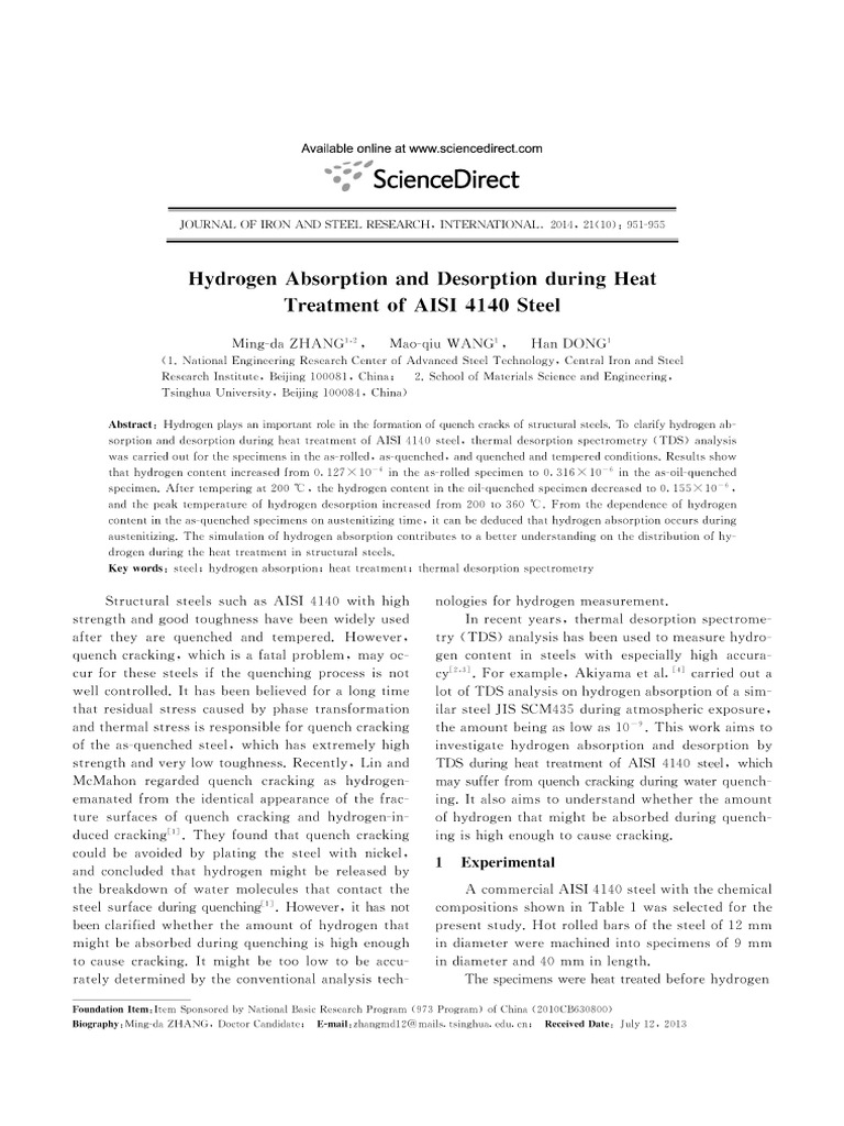 Hydrogen Dynamics in AISI 4140 Steel | PDF | Heat Treating | Industrial ...