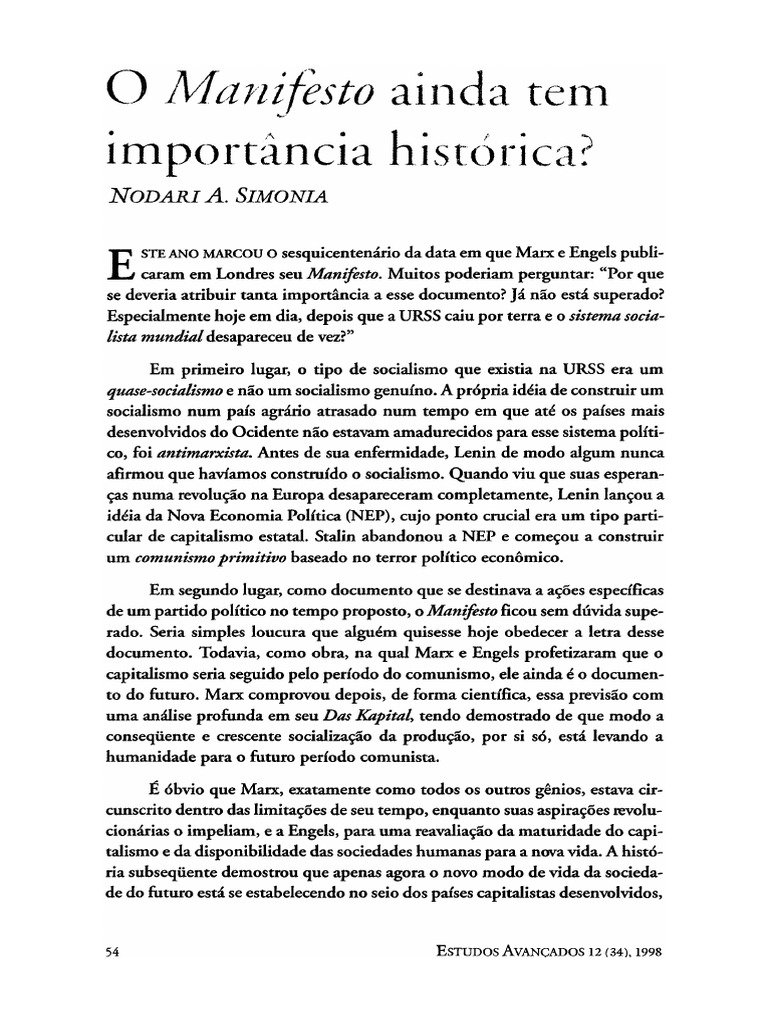 Importância Histórica do Manifesto Comunista | PDF | Karl Marx | Comunismo