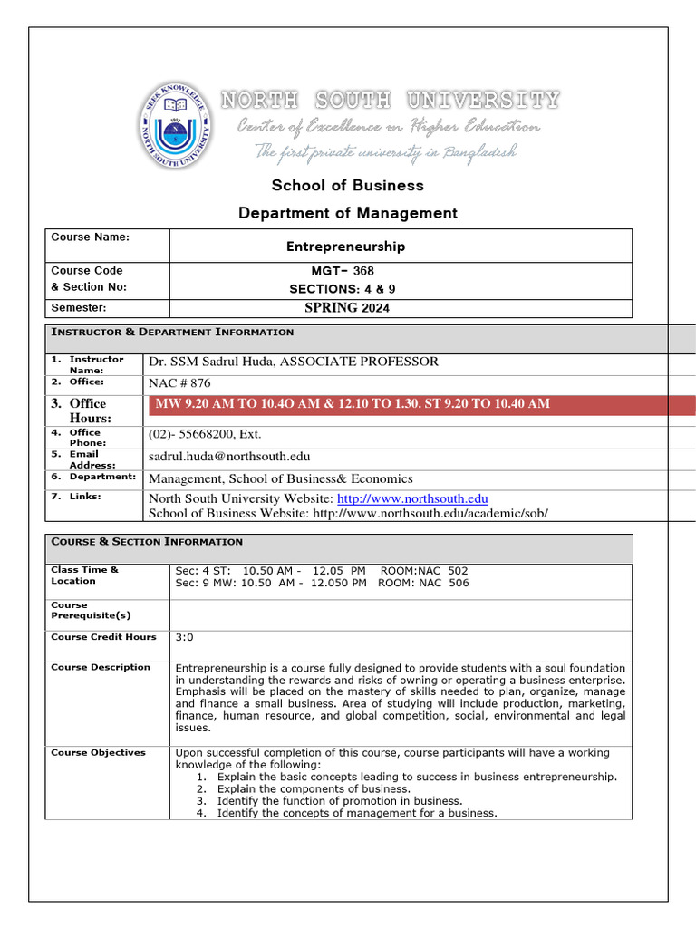 Course+Outline+MGT 368+SPRING+2024 | PDF | Entrepreneurship | Business