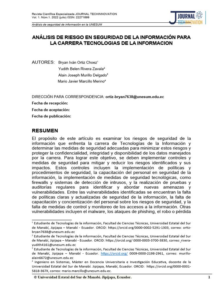 Análisis de Riesgo en Seguridad de La Información para La Carrera ...