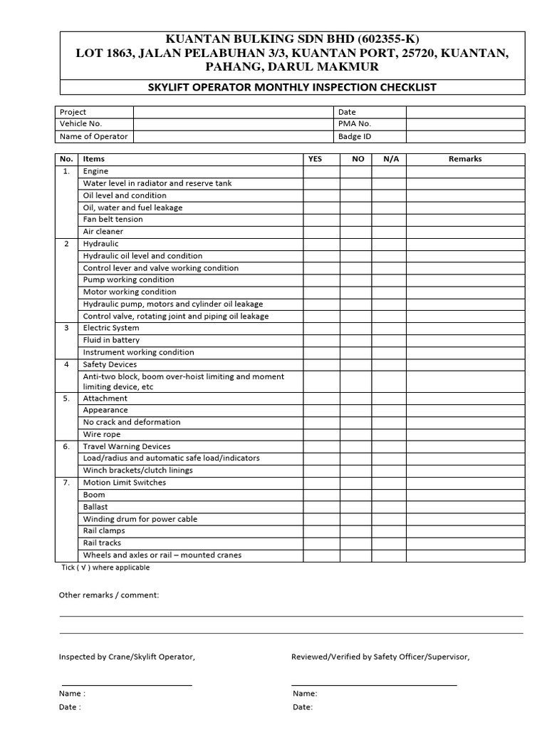 Skylift Operator Daily Inspection Checklist | PDF