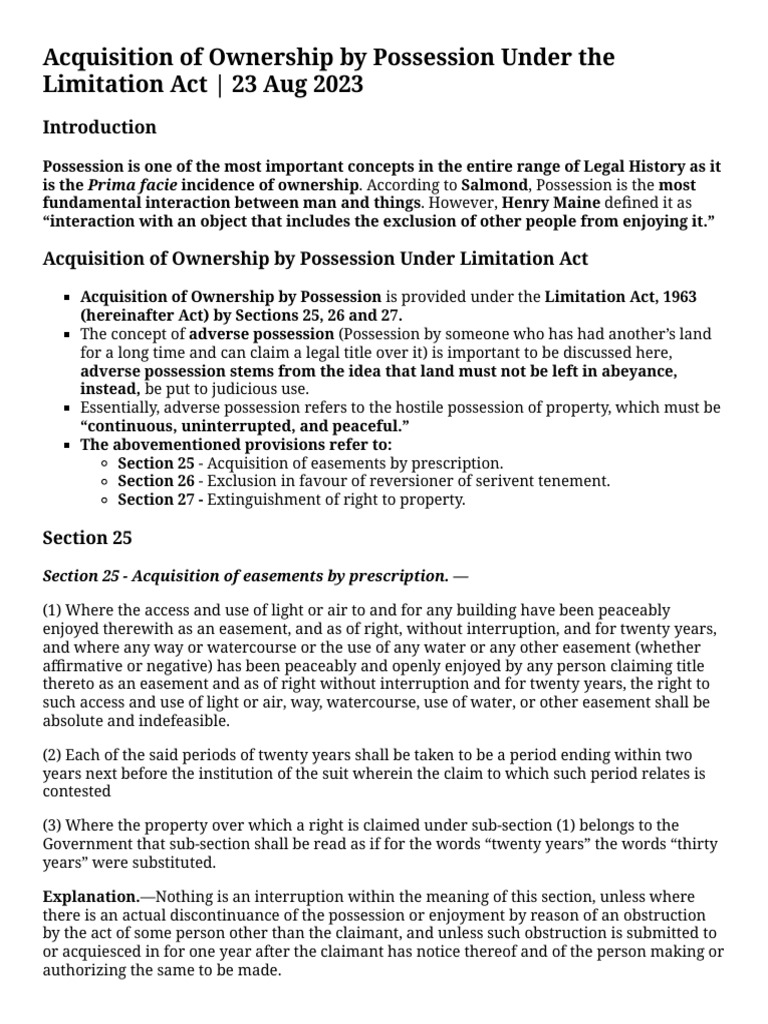 Ownership Acquisition via Possession Act | PDF | Easement | Adverse ...