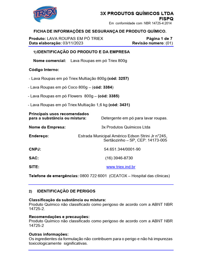 FISPQ Lava Roupas em Pó Triex 800g | PDF | Dióxido de carbono | Desperdício