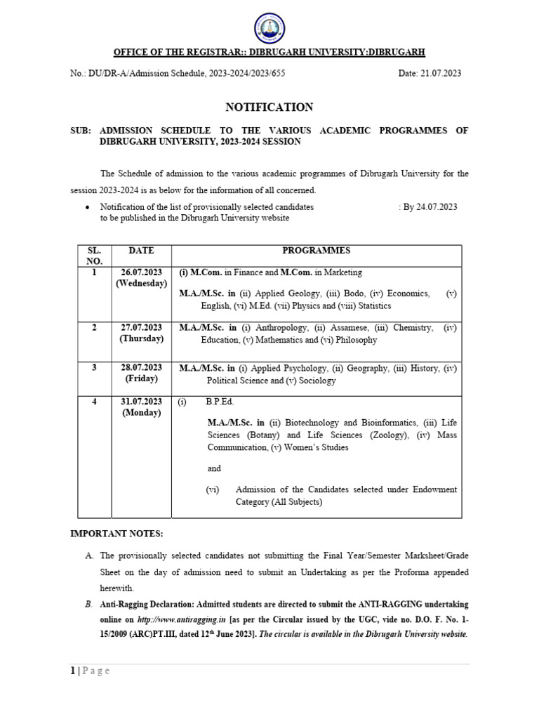 Notification Regarding Admission Schedule 2023 2024 Session | PDF ...