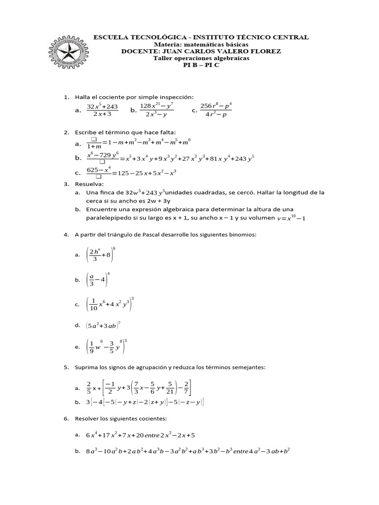 Taller de Operaciones Algebraicas | PDF | Métodos y materiales de enseñanza