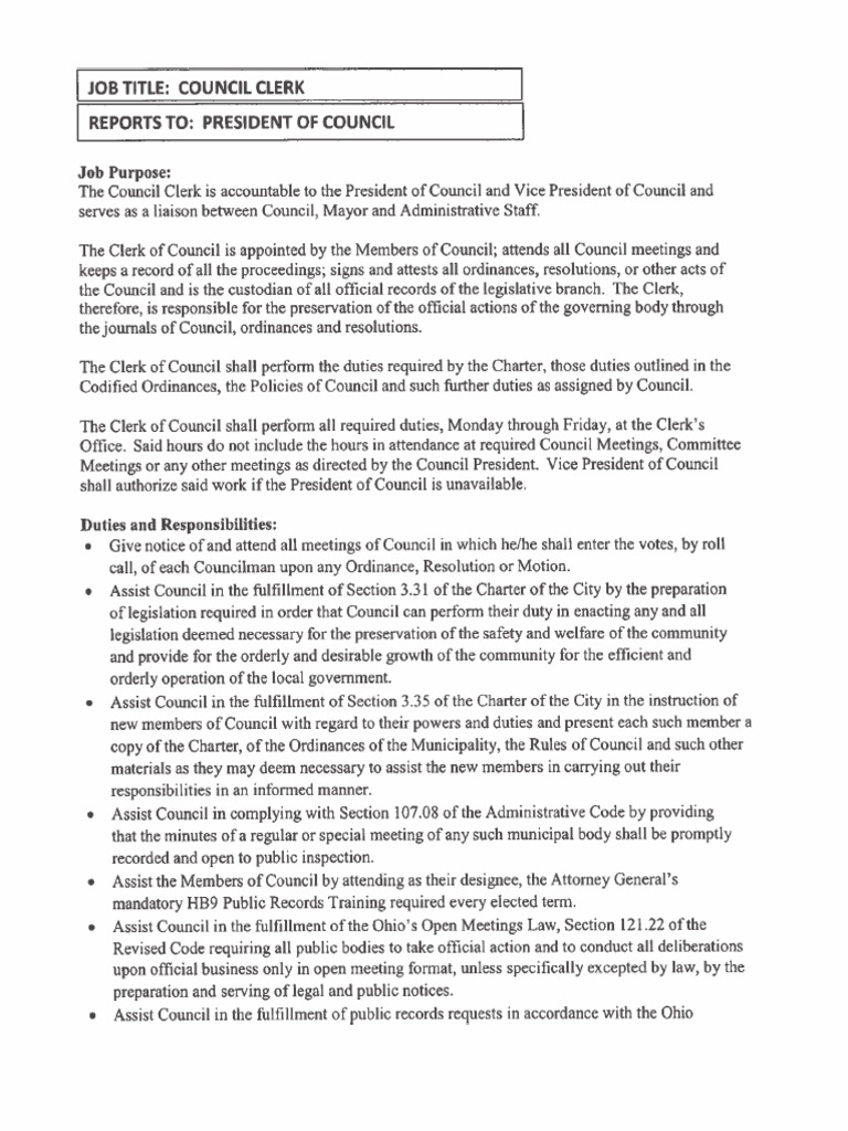 Willoughby Hills FT Clerk of Council Position PDF