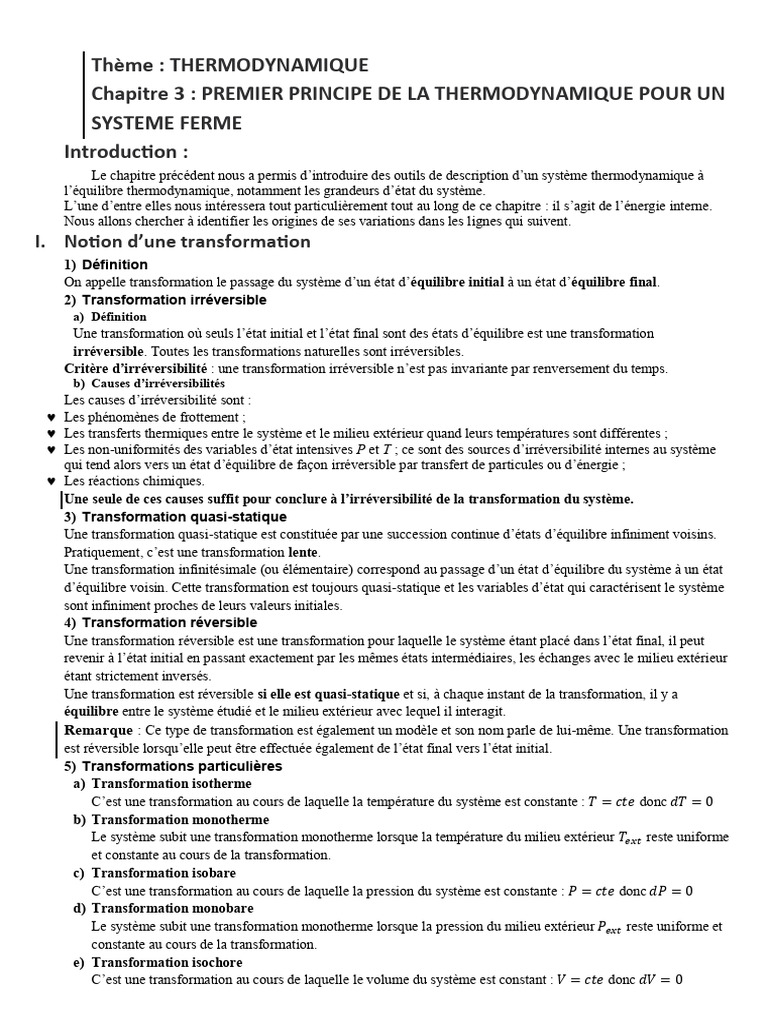 Premier principe de la thermodynamique | PDF | Thermodynamique ...