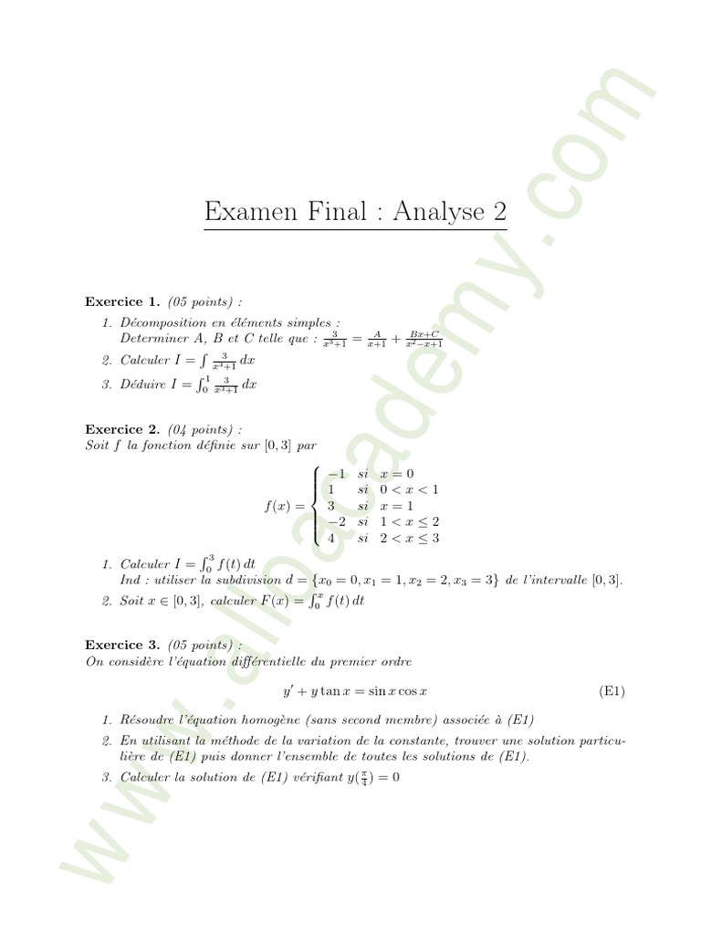 Corrigé d'Analyse 2 : Intégrales et Équations Différentielles | PDF