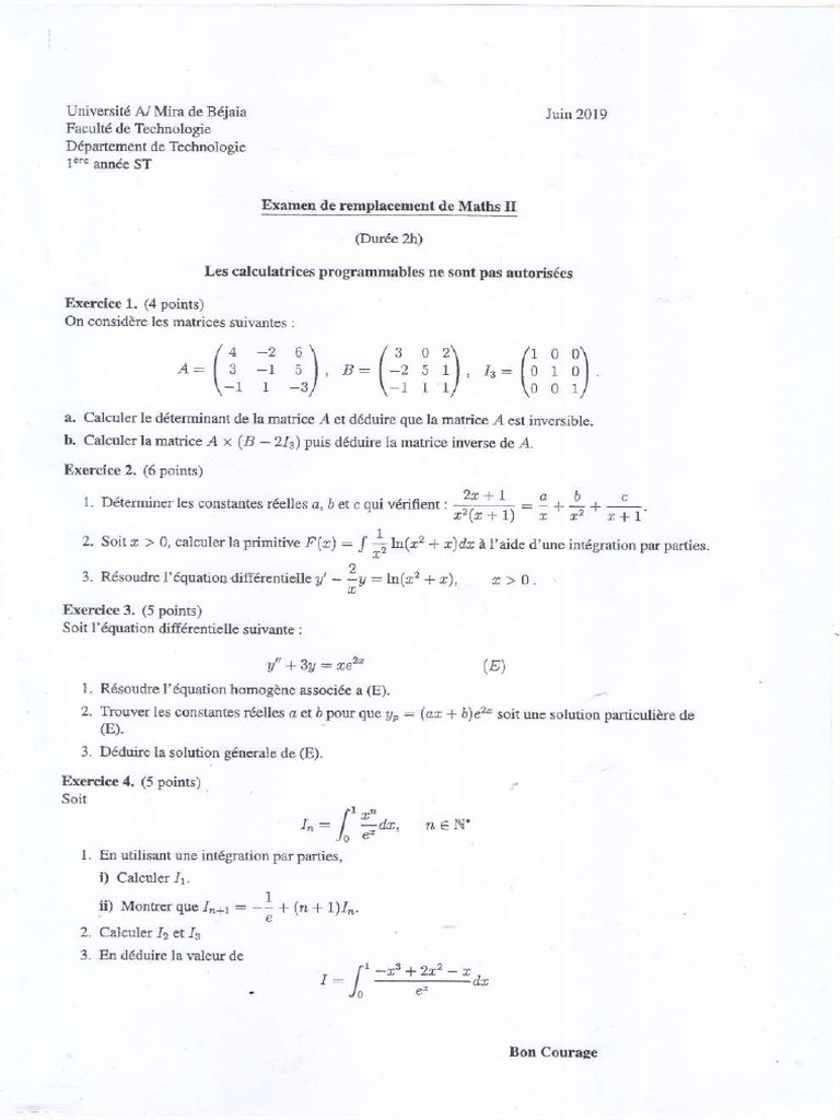 Sujet Et Corrigé Ex Remp Maths2 - Compressed | PDF