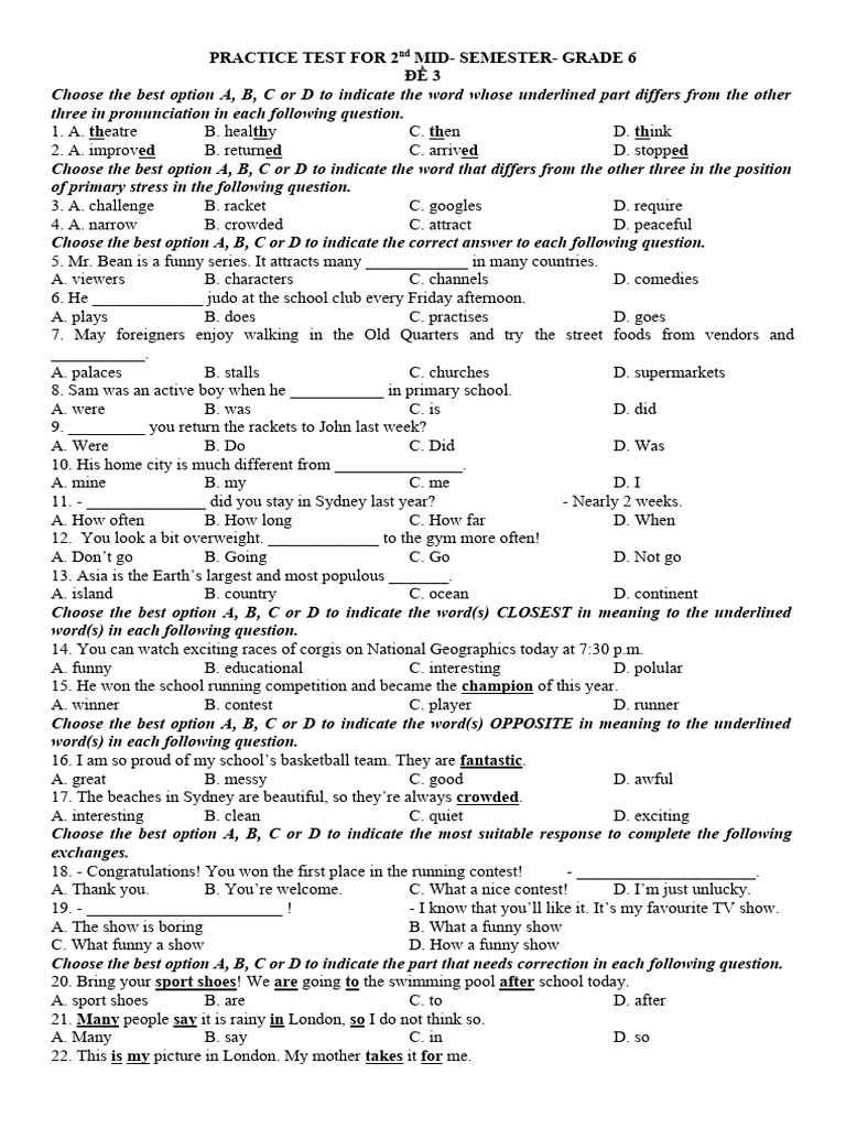 Grade 6 Mid-Semester Practice Test | PDF | Tokyo | Mount Everest