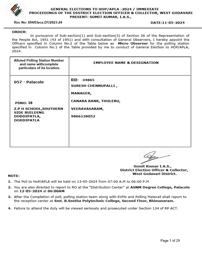 HOP/APLA 2024 Election Micro Observer Orders | PDF