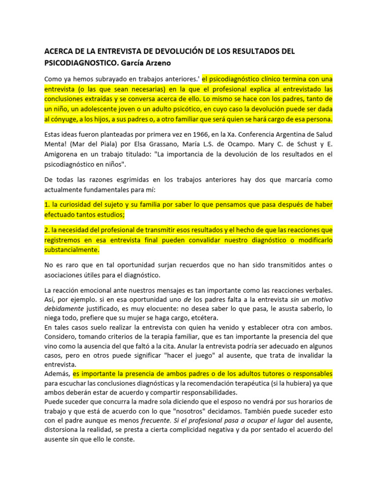 Entrevista De Devolución G Arzeno Pdf Sicología Psicoanálisis