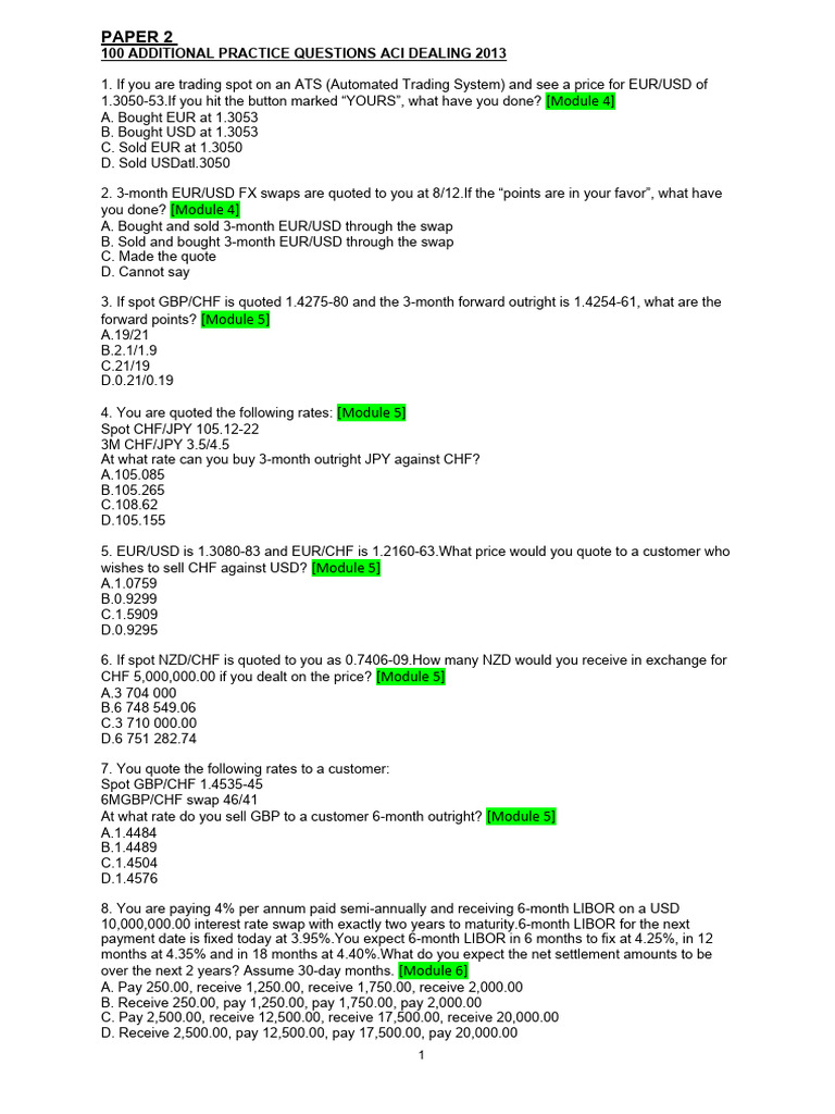 ACI Dealing Practice Questions 2013 | PDF | Option (Finance) | Financial  Risk