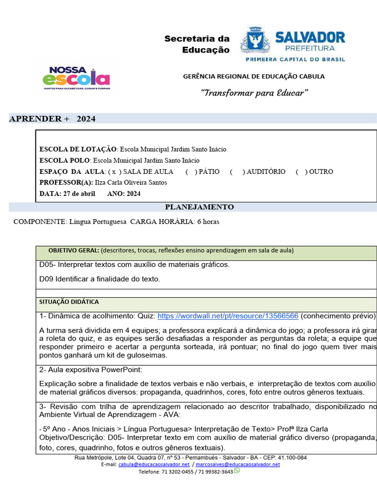 Planejamento Professor | PDF | Aprendizado