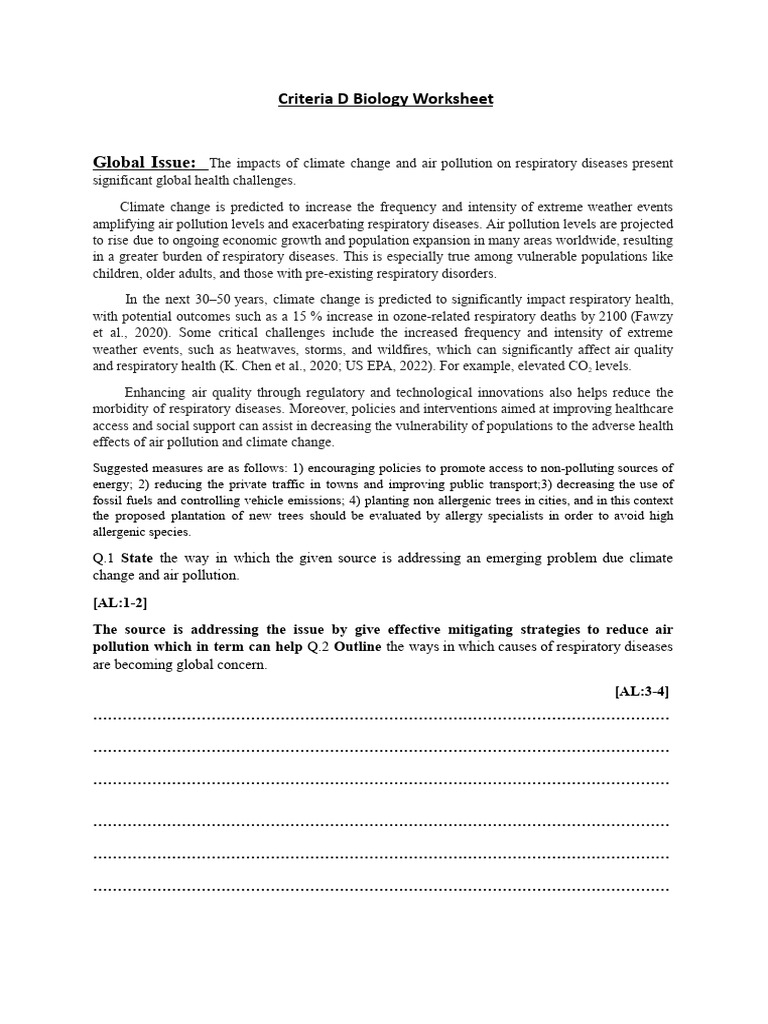 Biology Worksheet Criterion D For MYP 3 IB Students PDF Air