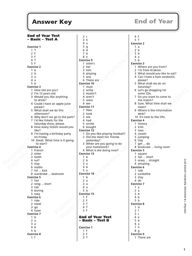 Answer Key End of Year | PDF