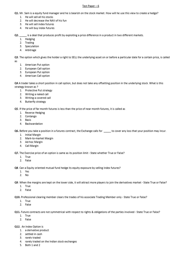 Technical Analyst Mock Test No.1 | PDF | Futures Contract | Option ...