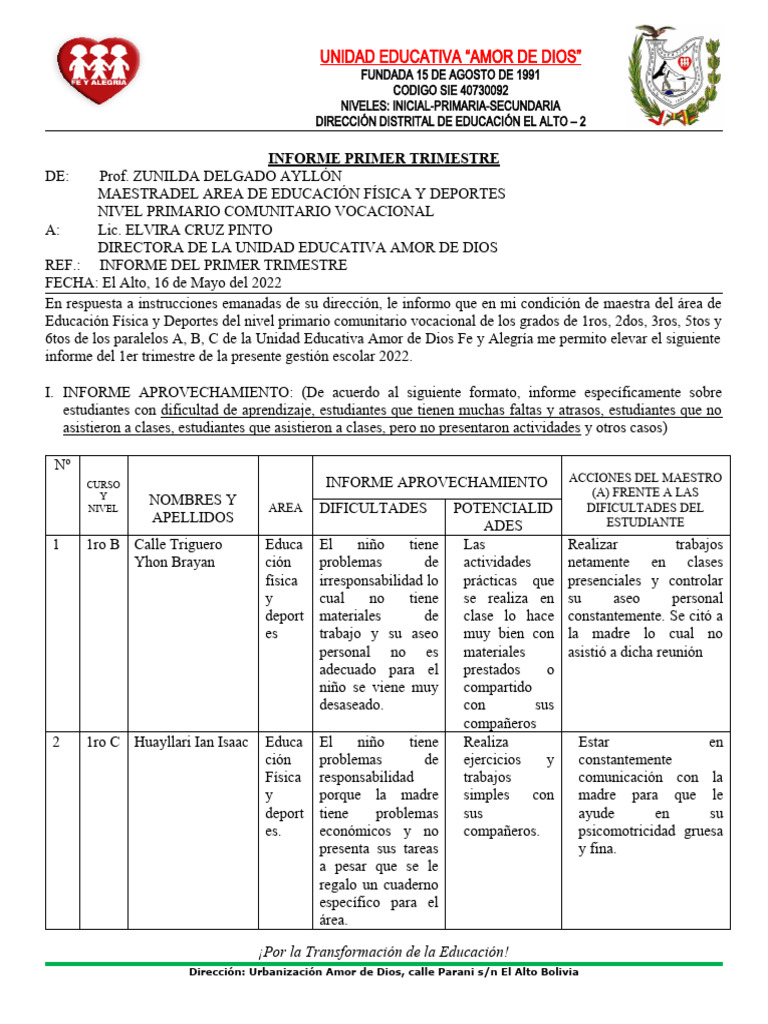 Informe Primer Trimestre | PDF